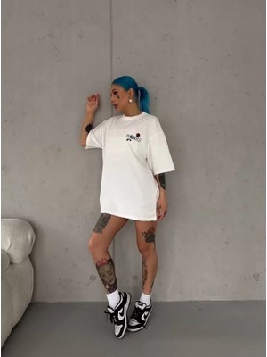 Stores36 Unisex Bisiklet Yaka Baskılı Oversize T-Shirt - Beyaz