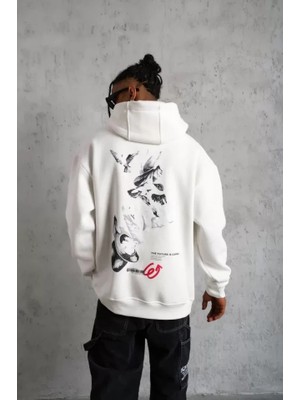 Stores36 Erkek Şapkalı Güvercin Baskılı Kapşonlu Sweat - Beyaz