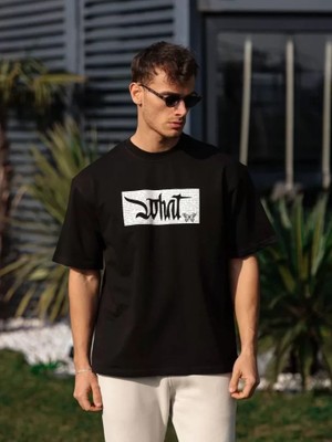 Stores36 Unisex Bisiklet Yaka Baskılı Oversize T-Shirt - Siyah