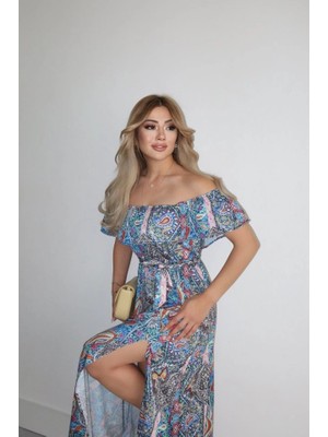 Stores36 Kadın Kısa Kollu Madonna Yaka Fırfırlı Belden Yırtmaçlı Maksi Süprem Elbise