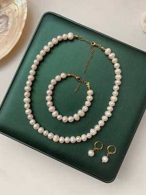 Jovi Atelier Sertifikalı Gerçek Doğal Beyaz Inci Kadın Kolye Bileklik Küpe Set Çelik Klips ve Uzatma