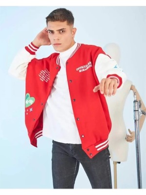 Stores36 Erkek Kolları Yıldız Sırt Baskılı Oversize Kolej Ceket - Kırmızı