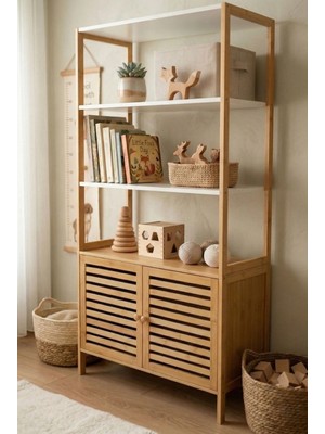 Robin Home Montessori Doğal Bambu Bebek Çocuk Odası Raflı Kapaklı Kitaplık Oyuncak Dolabı
