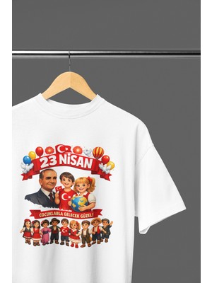 Ontunew 23 Nisan Baskılı Bisiklet Yaka Pamuklu Kısa Kollu Erkek ve Kız Çocuk Tişört