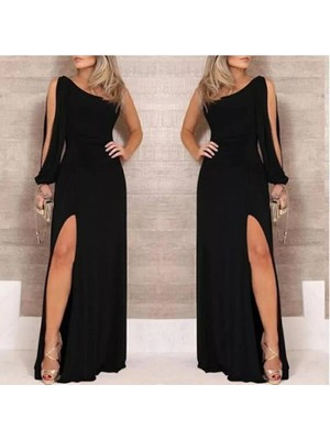 Stores36 Tek Omuz Açık Derin Yırtmaçlı Krep Tam Boy Elbise