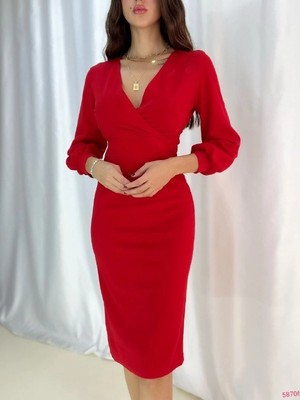 Stores36 Kadın Kruvaze Yaka Balon Kol Midi Boy Elbise