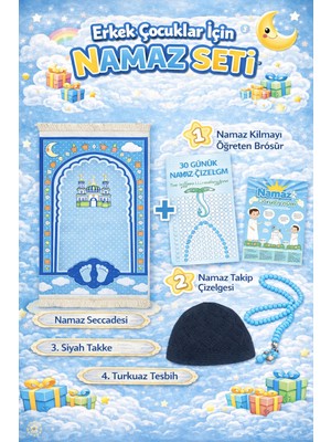 Çocuk Seccade Takke Tesbih Set Büyük Boy Erkek Çocuk Namaza Ilk Adım Eğlenceli Dekoratif Namazlık