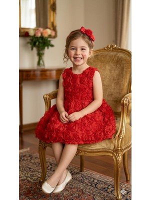 Bes Trend Kız Çocuk Elbise Güllü Çift Fiyonklu Party Balo Özel Gün Elbise