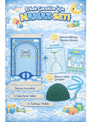 Çocuk Seccade Takke Tesbih Set Büyük Boy Erkek Çocuk Namaza Ilk Adım Eğlenceli Dekoratif Namazlık