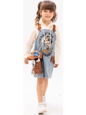 İrem Çocuk Giyim Kız Çocuk Püskül Detaylı Çantalı Badili Mavi Renk Kot Jile Elbise