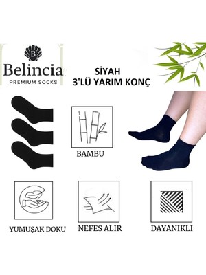 Belincia Bambu Erkek Yarım Konç Siyah Çorap/dikişsiz/koku Karşıtı 3'lü Paket