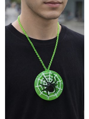 Herşey Nota Cadılar Bayramı Yeşil Şeffaf Örümcek Ağı Desenli Kolye Unisex 60 cm