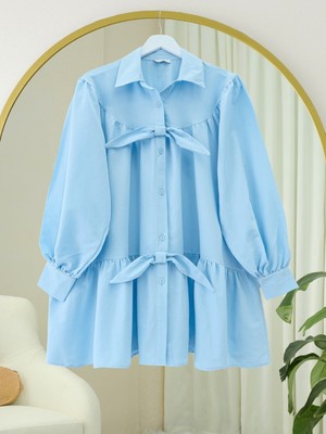 Modamorfo Önü Düğmeli Kurdela Detaylı Salaş Gömlek -Mavi