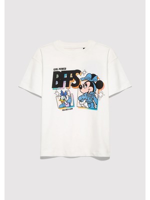 Mavi Mickey Mouse Baskılı Ekru Tişört 7610419-70057
