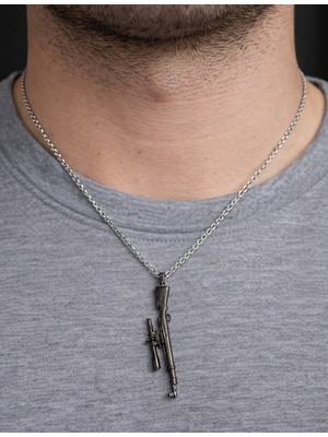 Herşey Nota Dürbünlü Tüfek Figürlü Gümüş Renk Çelik Kolye 60 cm Unisex