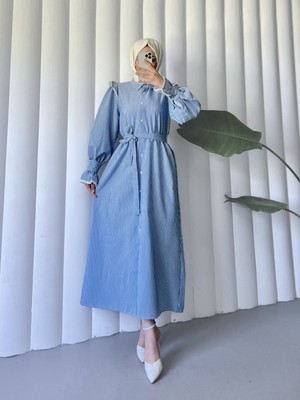 Modamorfo Önü Düğmeli Dantel Detaylı Kemerli Elbise -Indigo