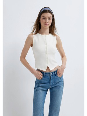 Mavi Düğme Detaylı Ekru Tişört 1613941-70057