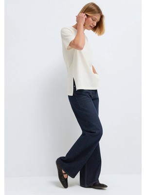 Mavi Yırtmaç Detaylı Ekru Tişört 1614174-80194