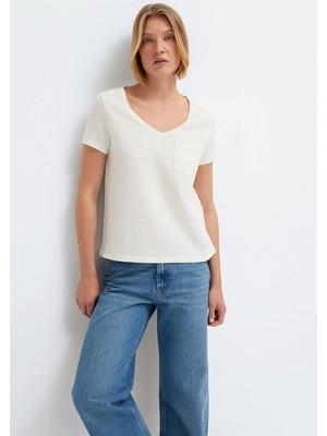 Mavi V Yaka Ekru Basic Tişört 1614178-80194
