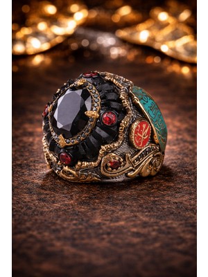 Siset Gümüş 925 Ayar Siyah  Kehribar   Üzerinde Siyah  Zirkon  Taşlı  Erkek Gümüş  Yüzük