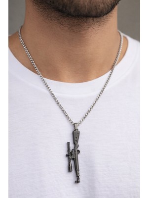 Herşey Nota Kanas Tüfek Figürlü Gümüş Renk Çelik Zincir Kolye 60 cm Unisex