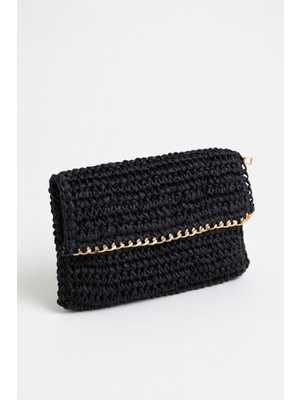 Mollycrush El Yapımı Hasır Zarf Çanta - Gold Zincir Detaylı Yazlık Portföy