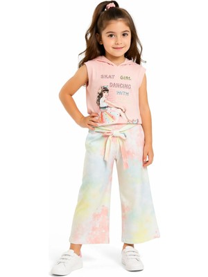 Moonstar Kız Çocuk Batik Desenli Pantolon Kapüşonlu Tişört Pudra Renk İkili Takım