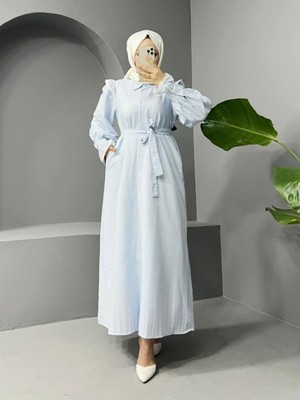 Modamorfo Önü Düğmeli Dantel Detaylı Kemerli Elbise -Bebe Mavi