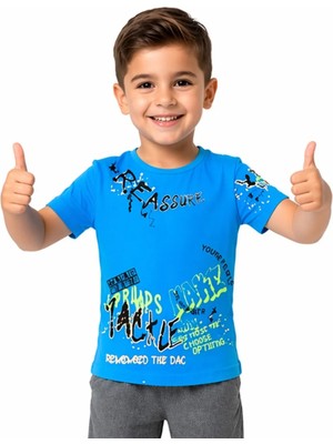 NZC Kids Erkek Çocuk Grafitti Yazı Desenli Gabardin Şortlu Mavi Renk İkili Takım