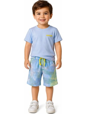 İrem Çocuk Giyim Erkek Çocuk Handsome Yazılı Batik Desenli Mavi Renk Şortlu İkili Takım