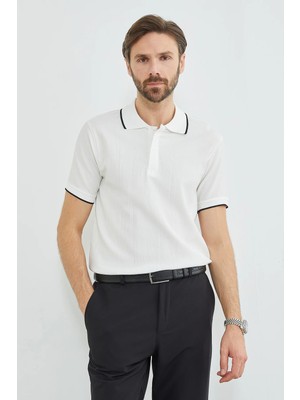 FullaModa Çizgili Yarım Fermuarlı Polo Yaka Tişört