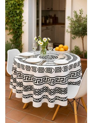 Hsc Bilişim Yuvarlak Geometrik Siyah Desenli Duck Kumaş Masa Örtüsü 150X150 cm