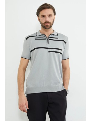 FullaModa Çizgili Yarım Fermuarlı Polo Yaka Triko Tişört