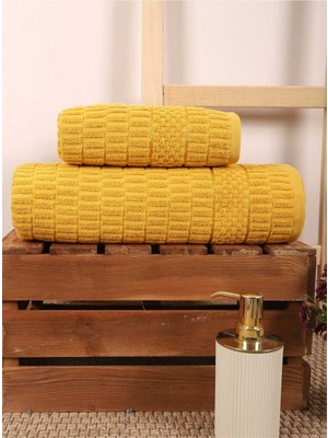 Hsc Bilişim 2 Parça Banyo Havlu Takımı Pamuklu Çubuk Desen Sarı