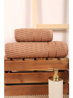 Hsc Bilişim 2 Parça Banyo Havlu Takımı Pamuklu Çubuk Desen Kahverengi