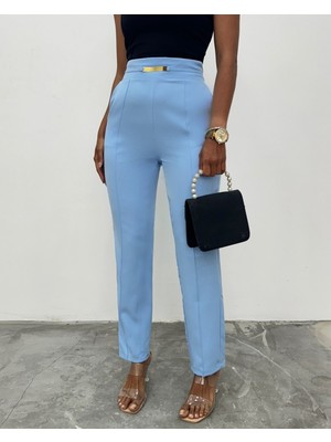 Modamorfo Beli Lastikli Cepli Metal Detaylı Pantolon -Bebe Mavi