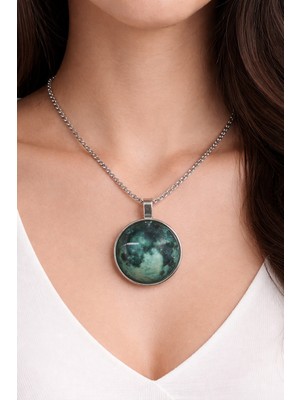 Herşey Nota Yeşil Doğal Taş Görünümlü Yuvarlak Kolye Gümüş Renk Zincir Unisex 60 cm