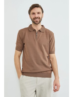 FullaModa Çizgili Yarım Fermuarlı Polo Yaka Triko Tişört