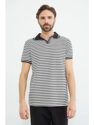 FullaModa Çizgili Polo Yaka Tişört