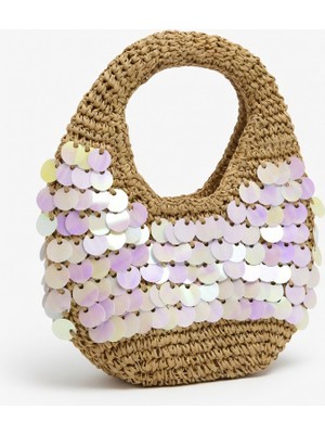 Mollycrush Kadın Sedef Payetli  Hasır Omuz ve El Çantası - Renkli Pullu Yazlık Model