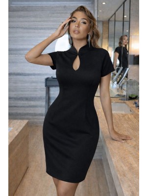 Bi Baksana Kadın Kısa Kollu Damla Yaka Detaylı Yakası Bağcık Detaylı Kısa Ithal Krep Elbise