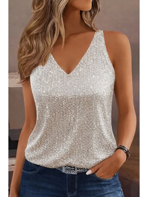 Buğrahayalin Kadın Askılı V Yakalı Pulpayetli Bluz