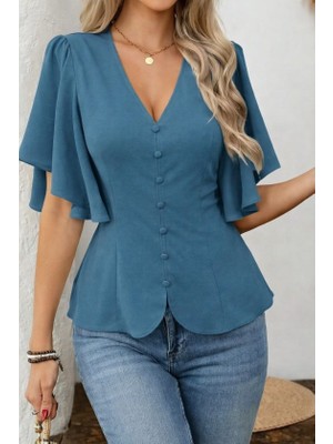 Bi Baksana Kadın Kısa Kollu Önden Düğmeli Ithal Krep Bluz