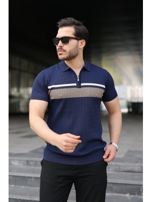 Gökyüzü Moda Erkek Örgü Desenli Renkli Kısa Kollu Triko Tişört