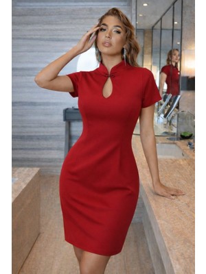 Arben Boutique Kadın Kısa Kollu Damla Yaka Detaylı Yakası Bağcık Detaylı Kısa Ithal Krep Elbise