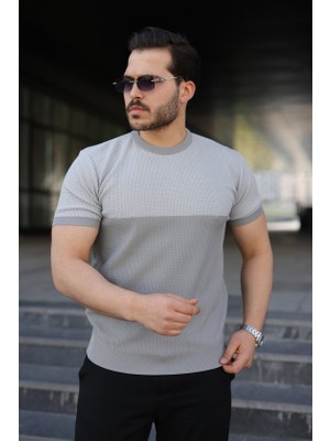 Gacha Erkek Renk Bloklu Bisiklet Yaka Kısa Kollu Triko Tişört