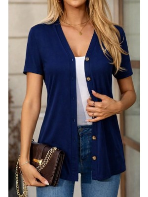 Sidelya Concept Kadın Kısa Kollu V Yakalı Önü Düğmeli Viskon Bluz