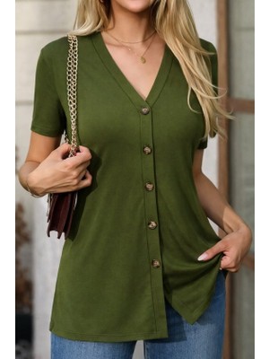 Sun & North Sun&north Kadın Kısa Kollu V Yakalı Önü Düğmeli Viskon Bluz