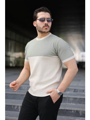 Cottonlab Erkek Renk Bloklu Bisiklet Yaka Kısa Kollu Triko Tişört