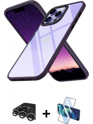 İlk El Grup Ieg™ iPhone 13 Pro Max Kılıf Nova Işık Serisi - Siyah 3D Antistatik Cam Ekran Koruyucu + Gümüş Raze Metal Kamera Lens